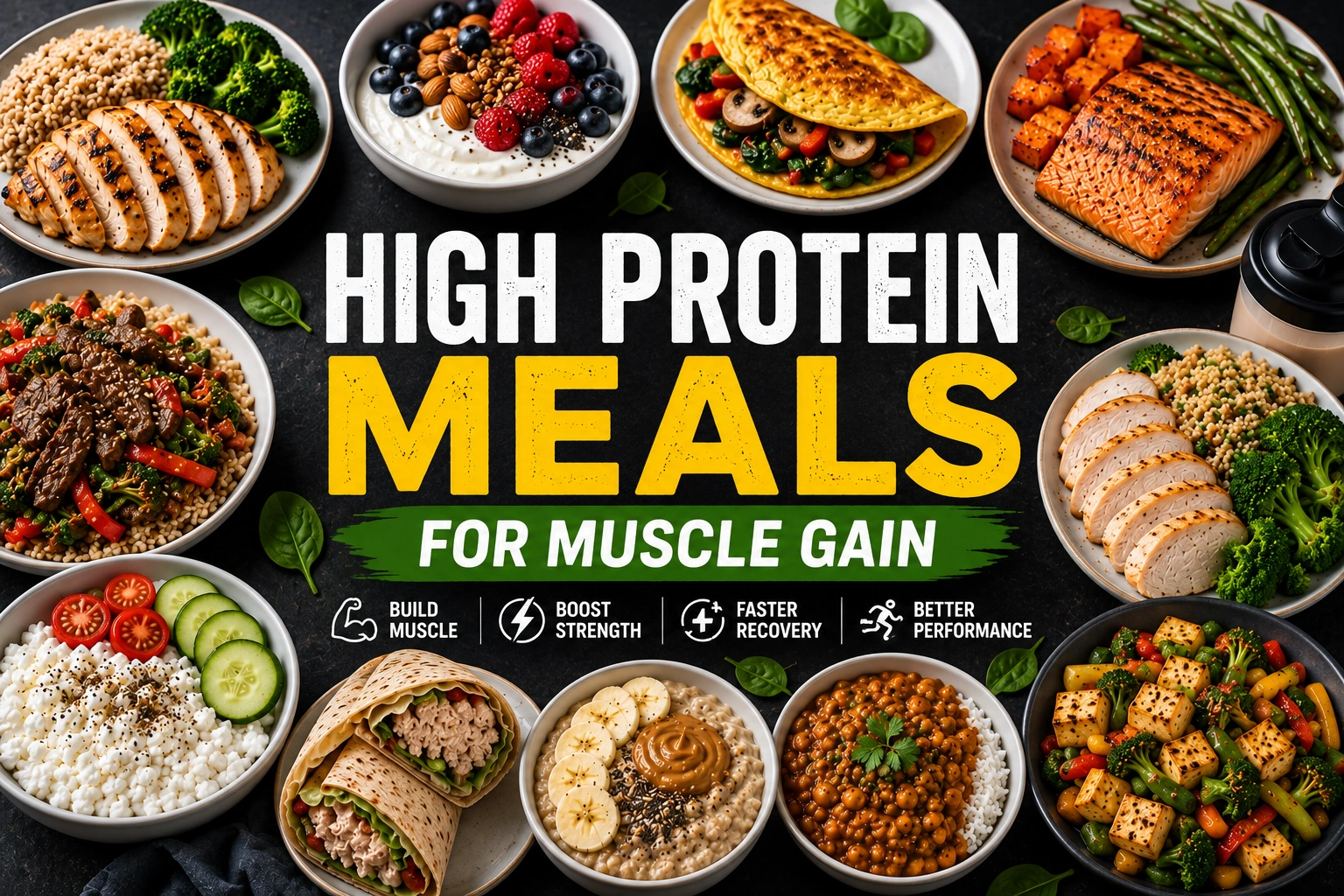 High Protein Meals for Muscle Gain featuring healthy protein-rich foods like chicken, salmon, eggs, beef, tofu, and Greek yogurt for building lean muscle.
