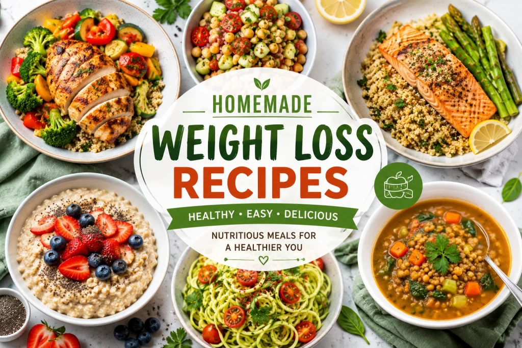 Homemade Weight Loss Recipes featuring healthy meals with grilled chicken, fresh vegetables, quinoa, oatmeal, and nutritious homemade dishes