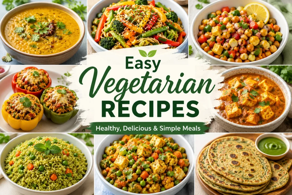 Easy Vegetarian Recipes featuring healthy homemade vegetarian meals with fresh vegetables, legumes, paneer, grains, and colorful nutritious dishes