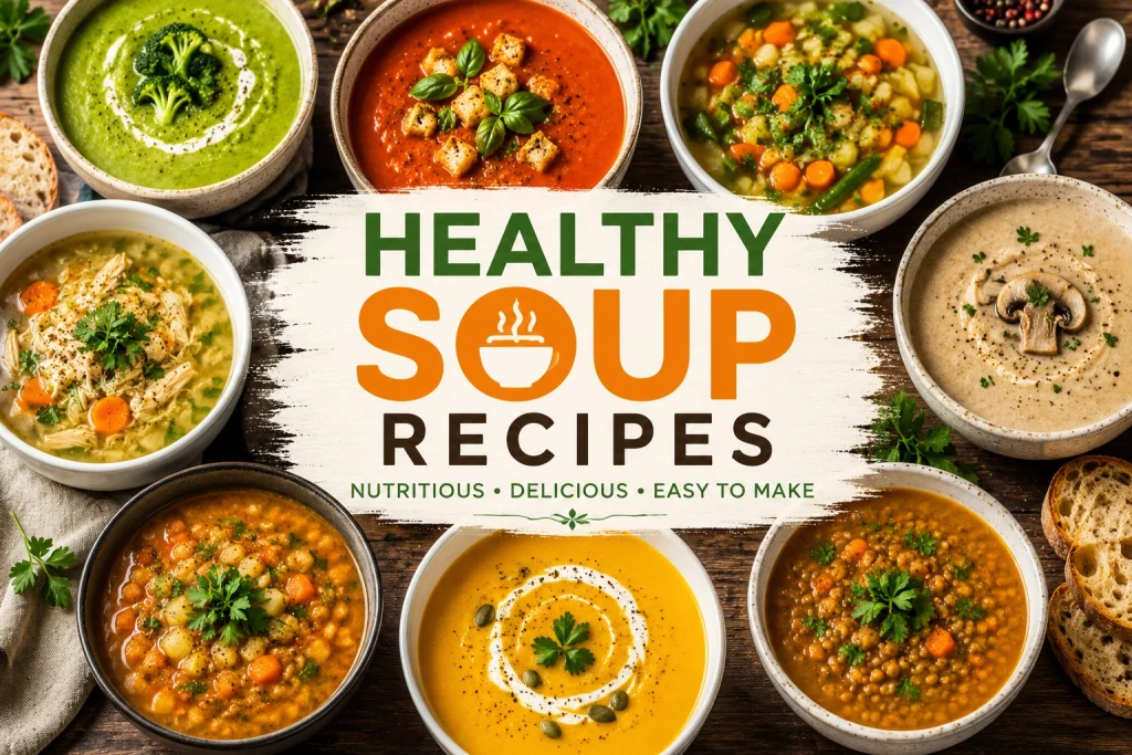 Healthy Soup Recipes featuring tomato soup, vegetable soup, chicken soup, mushroom soup, broccoli soup, and lentil soup served in bowls on a rustic wooden table.