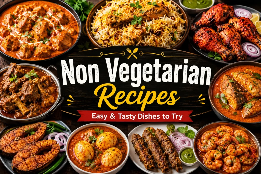 Non Vegetarian Recipes featuring chicken curry, biryani, tandoori chicken, fish fry, mutton curry, egg curry, kebabs, and prawn masala served on a rustic table.
