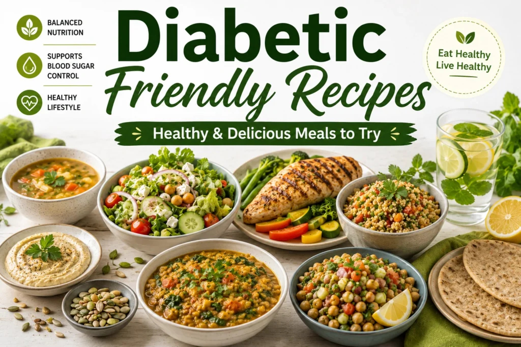 Diabetic Friendly Recipes featuring healthy salads, grilled chicken, vegetable soup, whole grains, fresh vegetables, and balanced homemade meals.