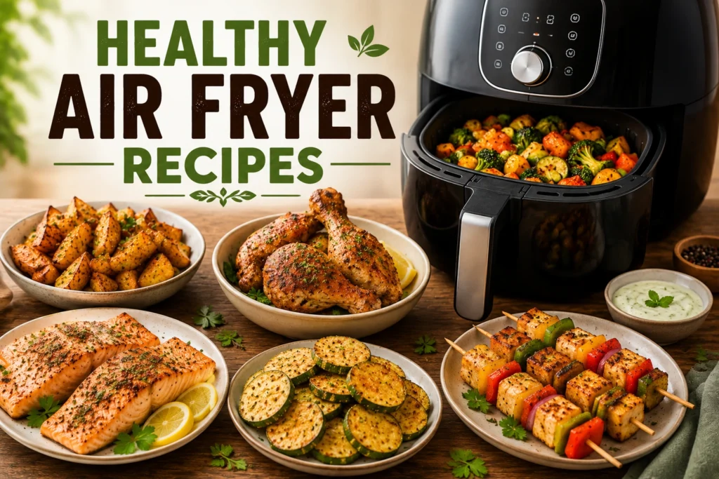 Healthy Air Fryer Recipes featuring crispy chicken, salmon, roasted vegetables, potatoes, and colorful low-oil meals cooked in an air fryer.