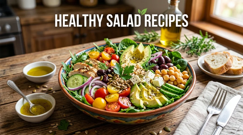 Healthy Salad Recipes featuring a colorful fresh salad with grilled chicken, avocado, chickpeas, cucumber, cherry tomatoes, feta cheese, olives, spinach, and mixed seeds served in a rustic bowl.