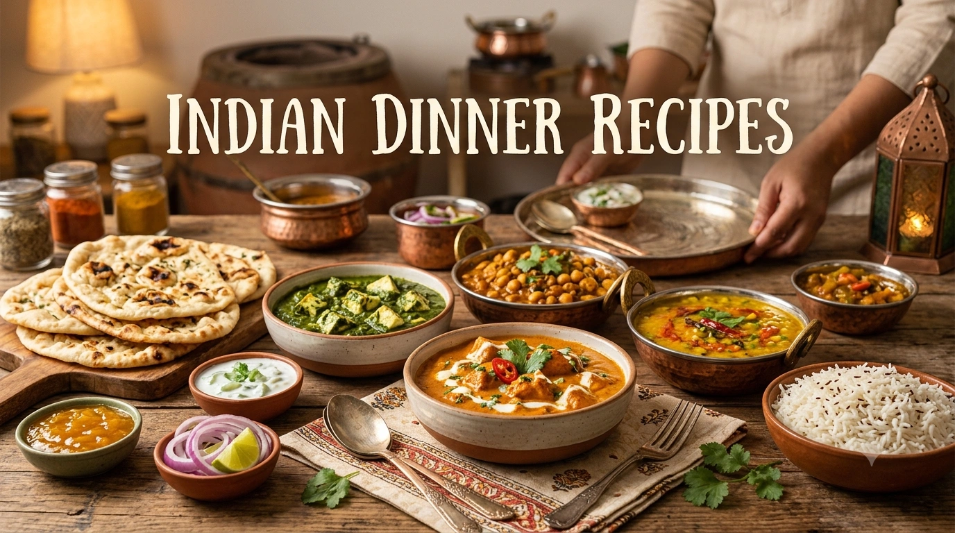 Easy Indian Dinner Recipes with healthy homemade meals including dal, paneer curry, rice, roti, and vegetable dishes
