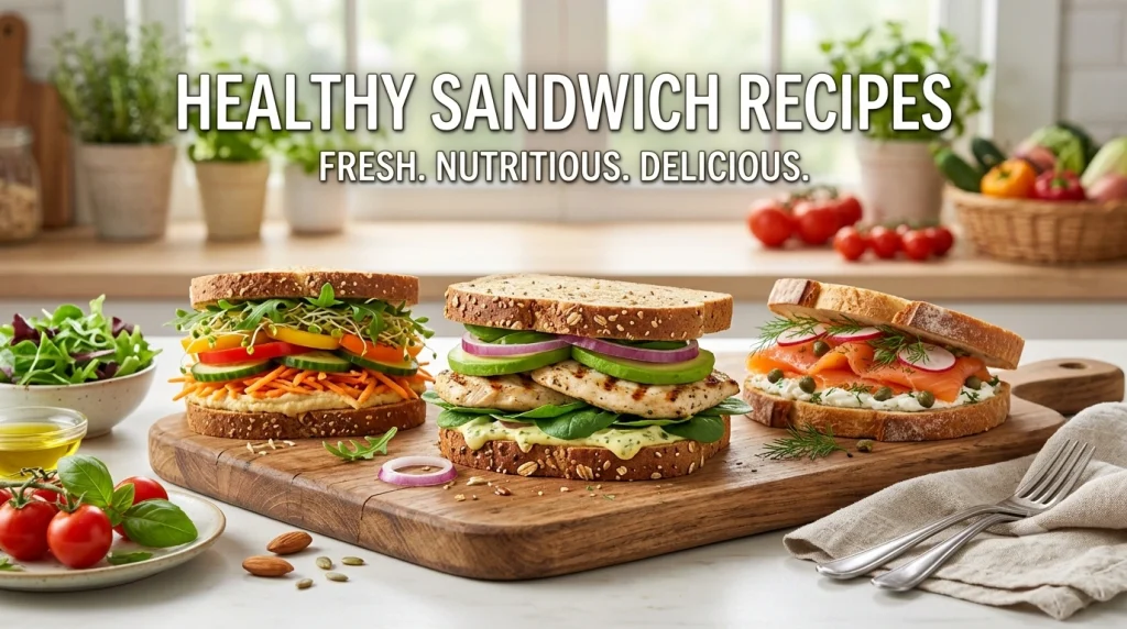 Healthy Sandwich Recipes featuring vegetable, paneer, grilled chicken, avocado, and mixed veg sandwiches made with whole grain bread and fresh ingredients.
