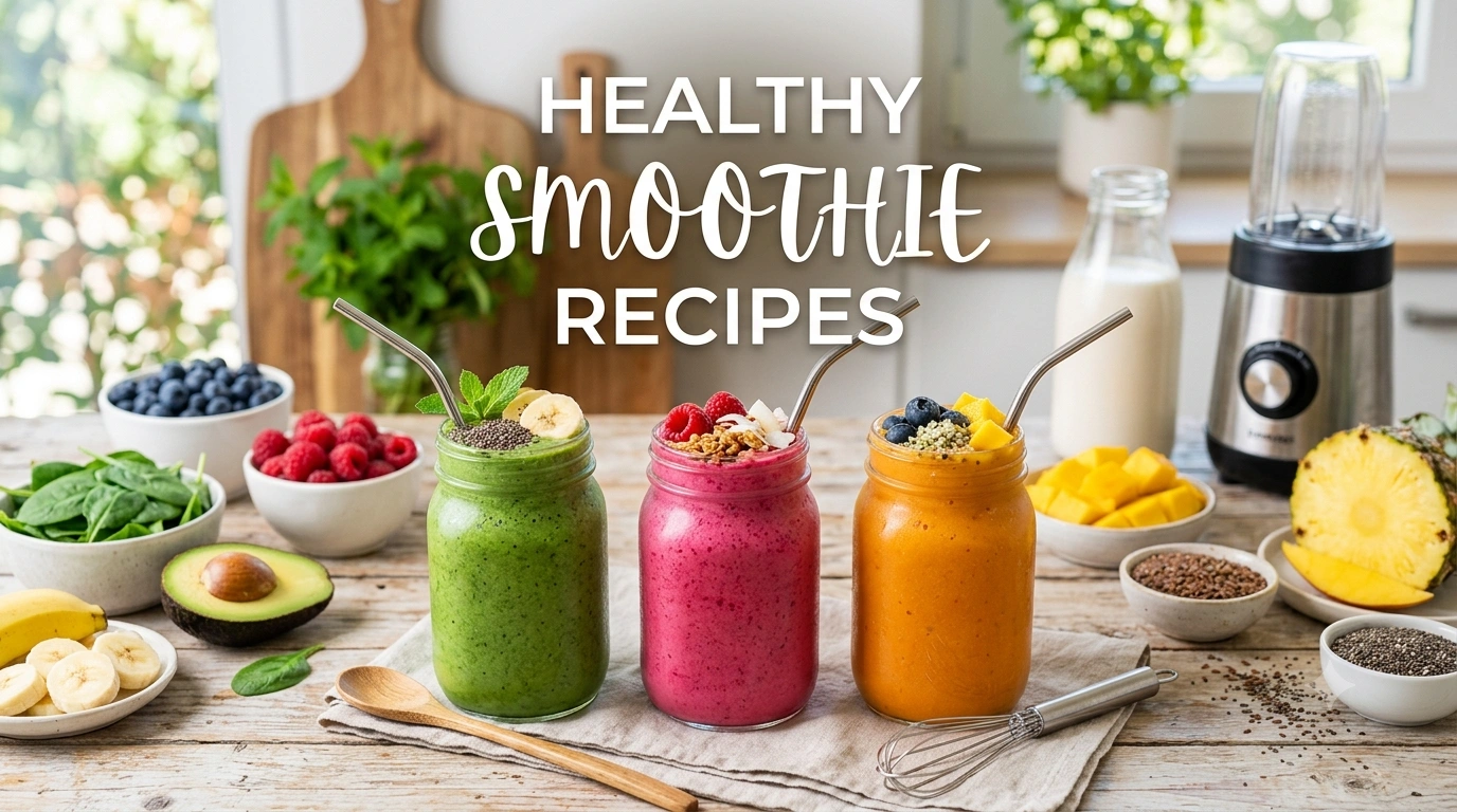 Healthy Smoothie Recipes featuring colorful fruit smoothies made with berries, mango, spinach, banana, avocado, and healthy toppings